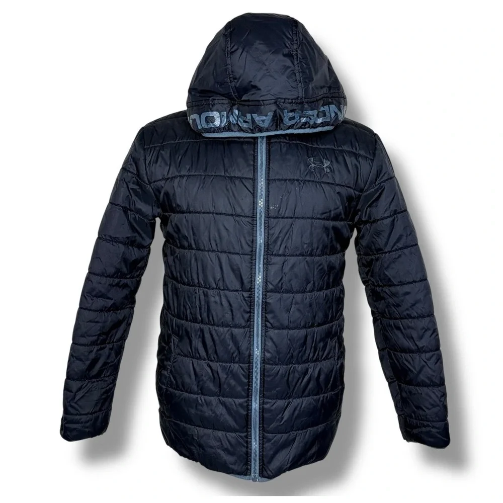 Under Armour Boy's Jacket Black Coldgear Puffer Hooded Full Zipper‎ YXL Loose